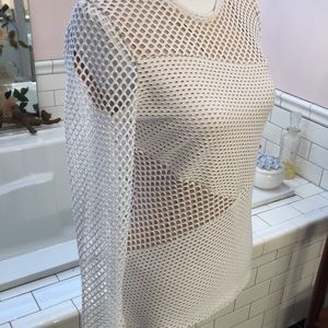 BCBG white and nude sexy mesh-like long sleeve retro top size medium